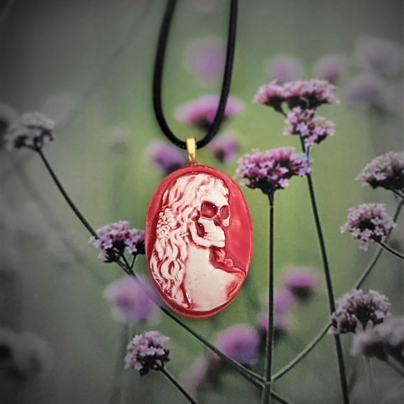 Handmade Ceramic Red Skull Cameo Pendant Necklace - Picture 13 of 14